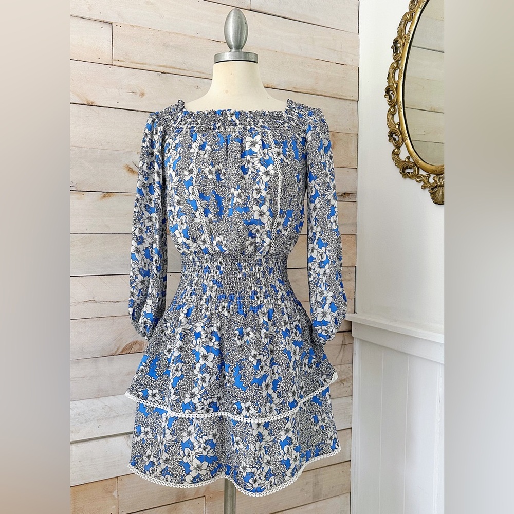 Parker Blue and White Ruffled Tiered Dress